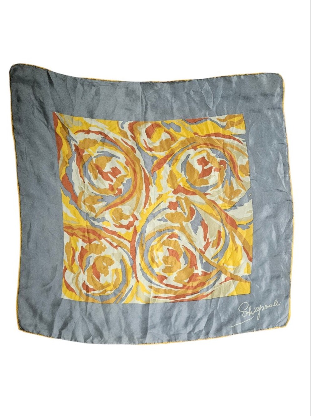 ELSA SCHIAPARELLI Authentic Vintage Signed Silk Gray Gold Abstract Square Scarf